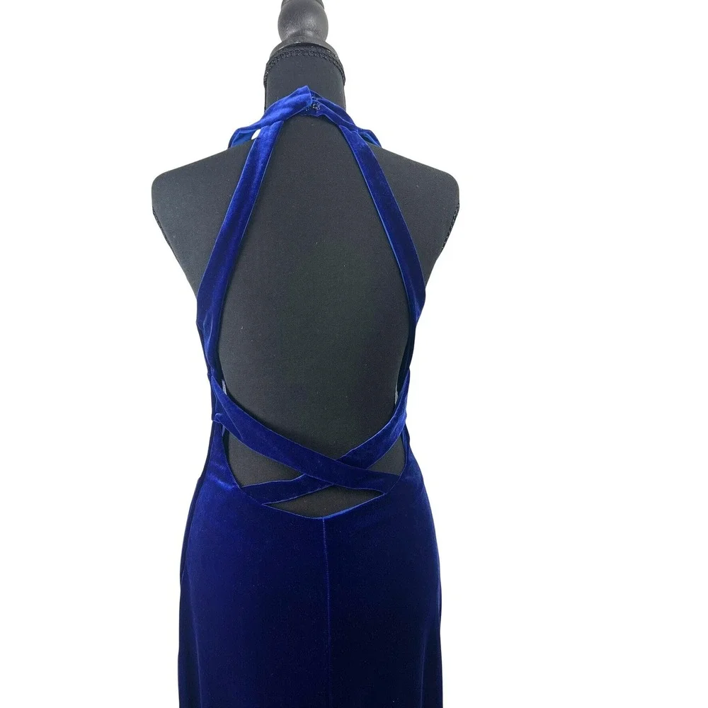 VTG Morgan & Co Royal Blue Velvet Mesh Maxi Dress S Prom Old Hollywood Open Back - Picture 3 of 11